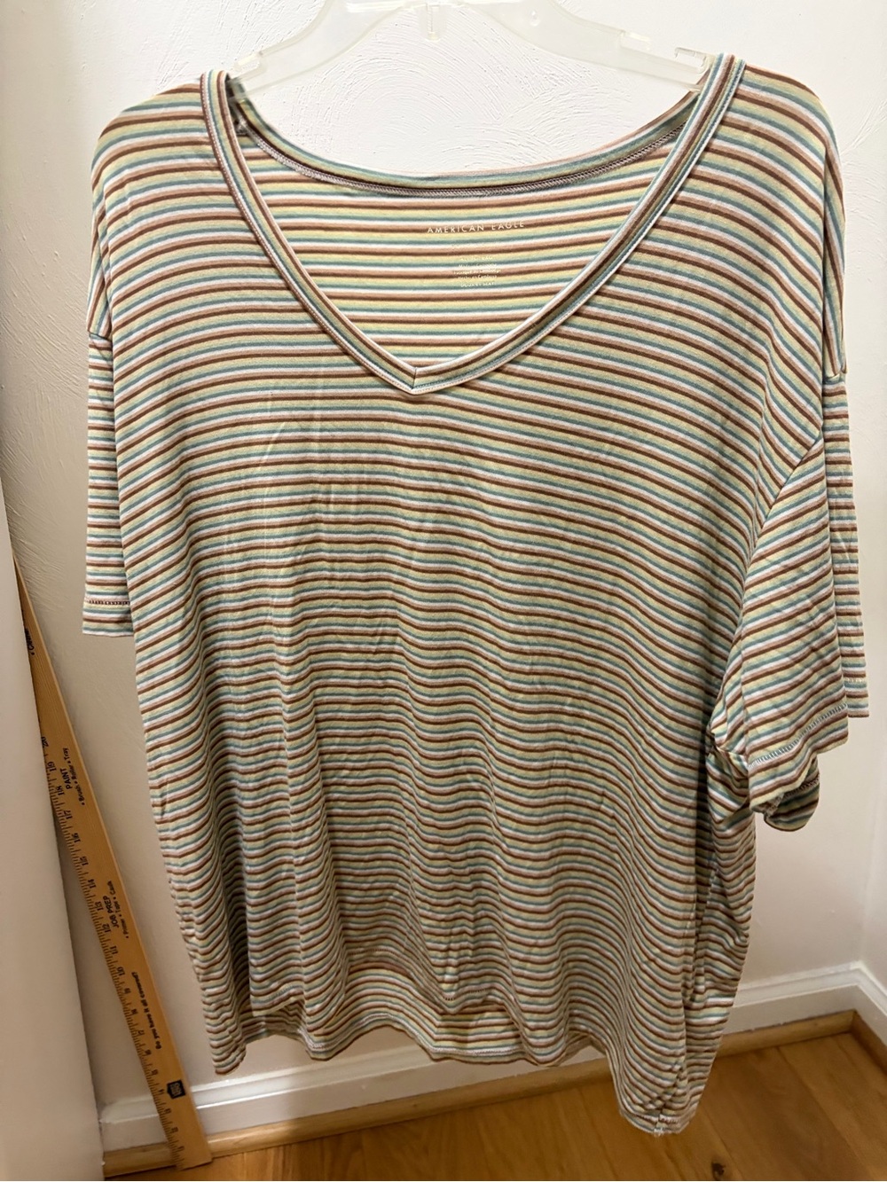 American Eagle Outfitters Striped V-Neck Tee in Cream, Green, Blue, Tan